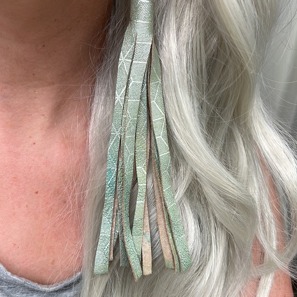 Mint leather fringe tassel earrings - Picture 2 of 6